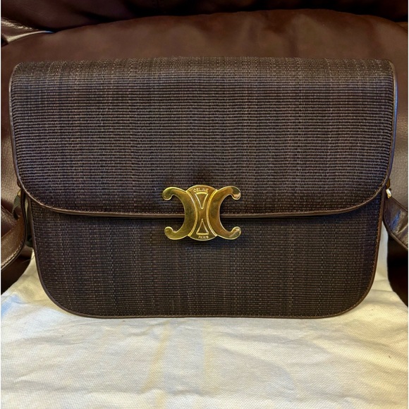 Celine triomphe Medium classique classic box brown canvas flat handbag Vintage - Picture 2 of 16